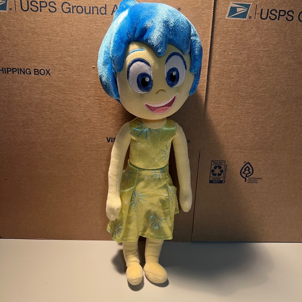 Disney Pixar Inside Out Joy Plush Doll Blue Hair Yellow Dress 14" Stuffed Toy